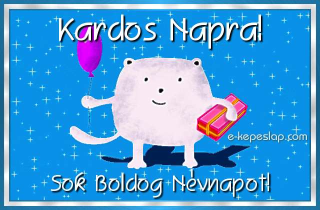 Kpeslap Kardos nvnapra gyermekeknek, aranyos llatos figurval, lufival s ajndkkal, boldog nvnapot felirattal.